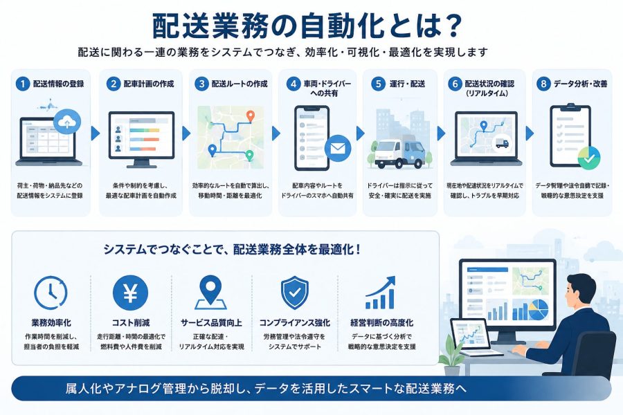 配送業務の自動化を解説するインフォグラフィック。8つのステップと矢印で流れを示す。（日本語）